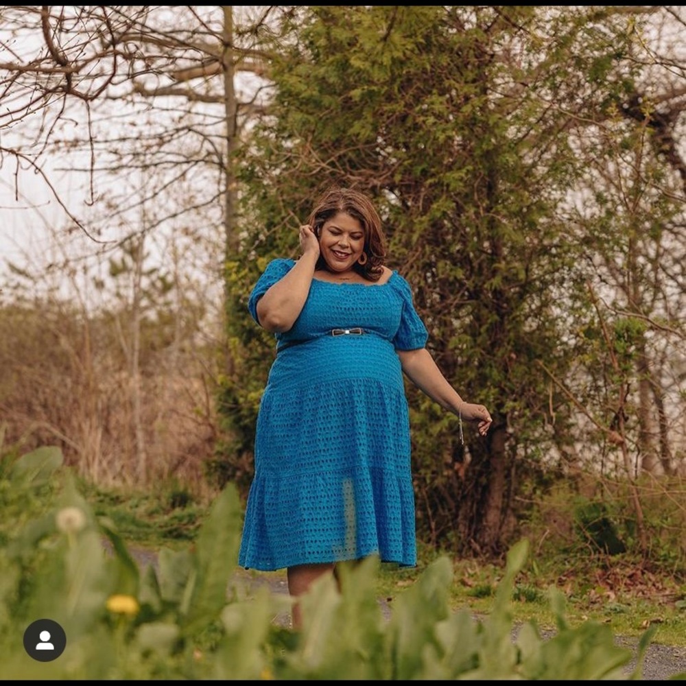 Cobalt blue eyelet midi dress with tiers